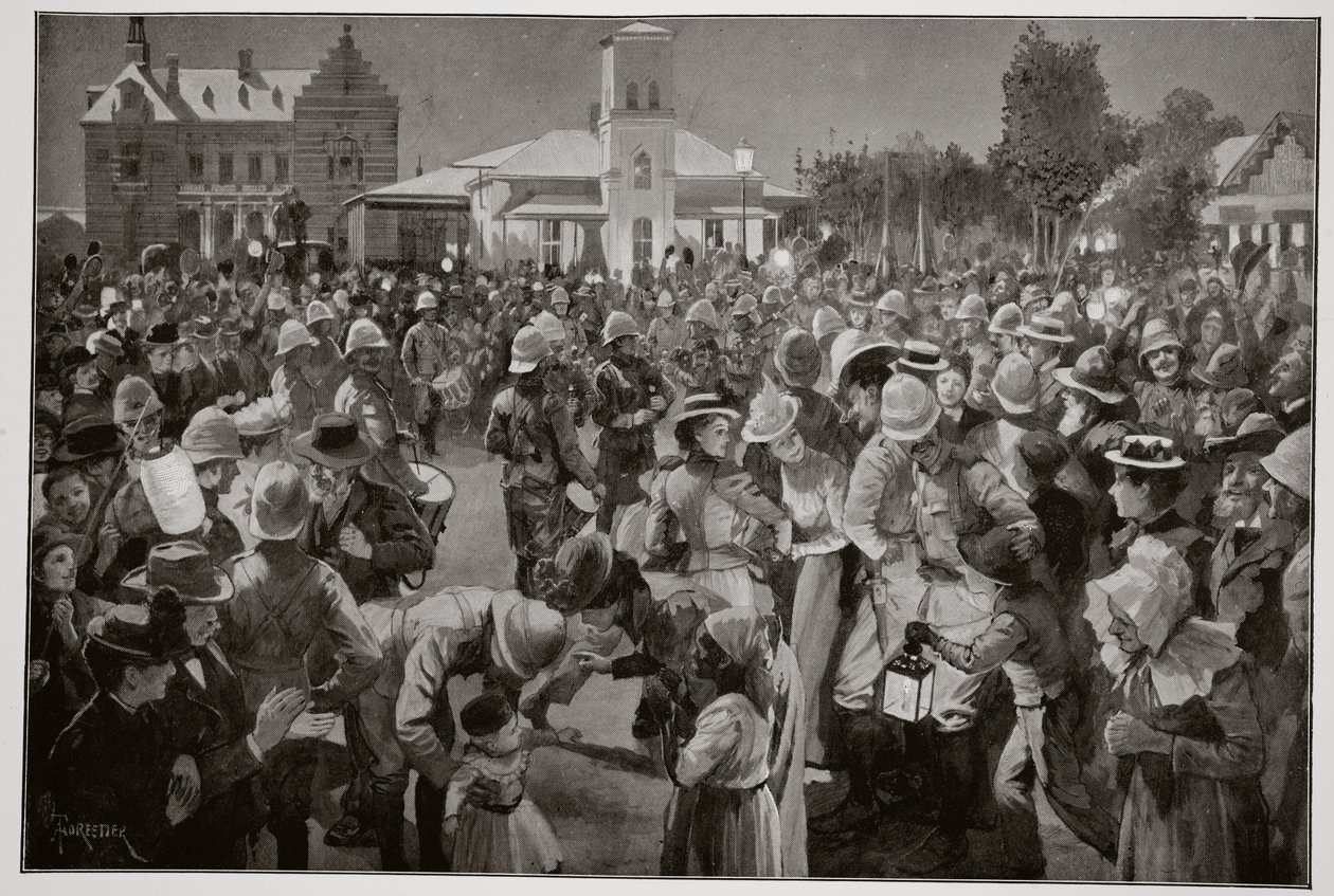Den brittiska ockupationen av Bloemfontein - En kvällskonsert på torget vid Highland Brigades pipor av Amedee Forestier