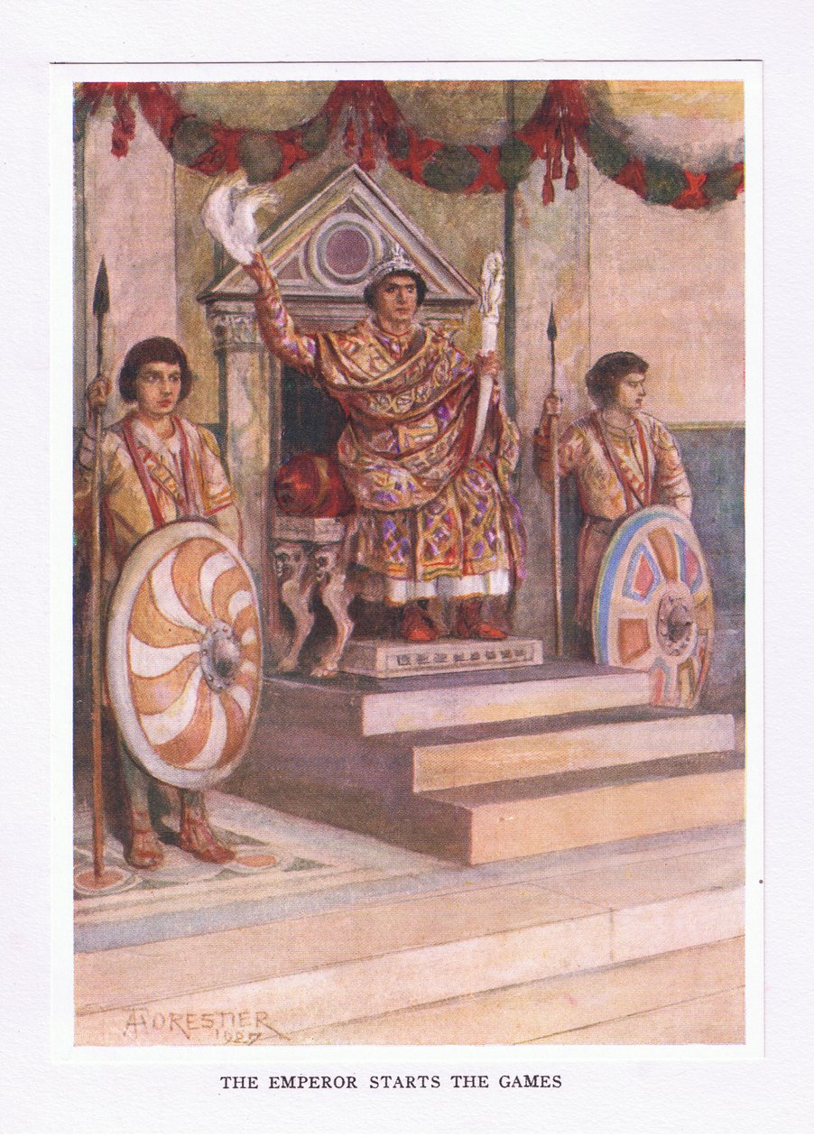 Kejsaren startade spelen, illustration från The Roman Soldier, 1928 av Amedee Forestier