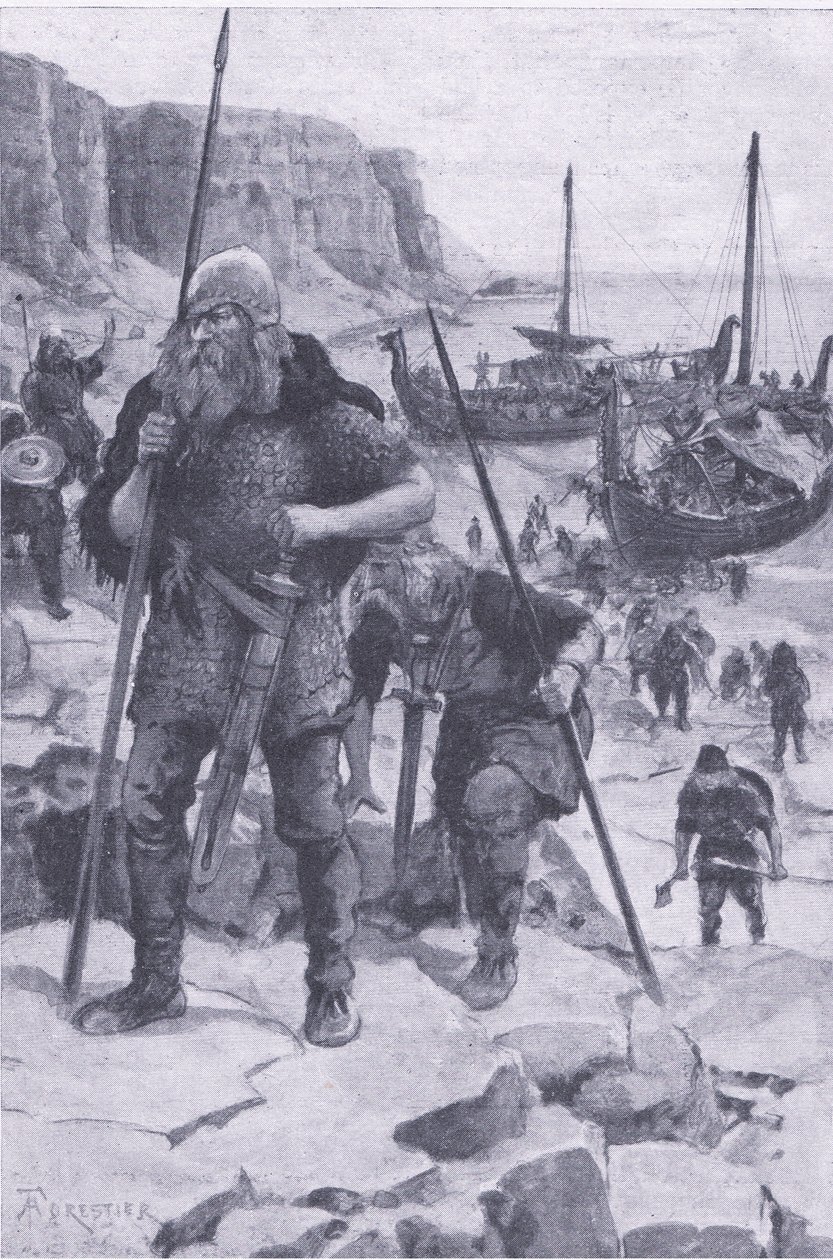 The Vikings find America, från My Magazine, pub.1922 (litho) av Amedee Forestier