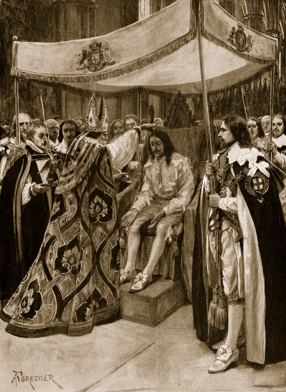 Karl I:s smörjelse av George Abbot, ärkebiskop av Canterbury, i Westminster Abbey på ljusdagen 1626, från "The Illustrated London News", 1902. av Amedee Forestier