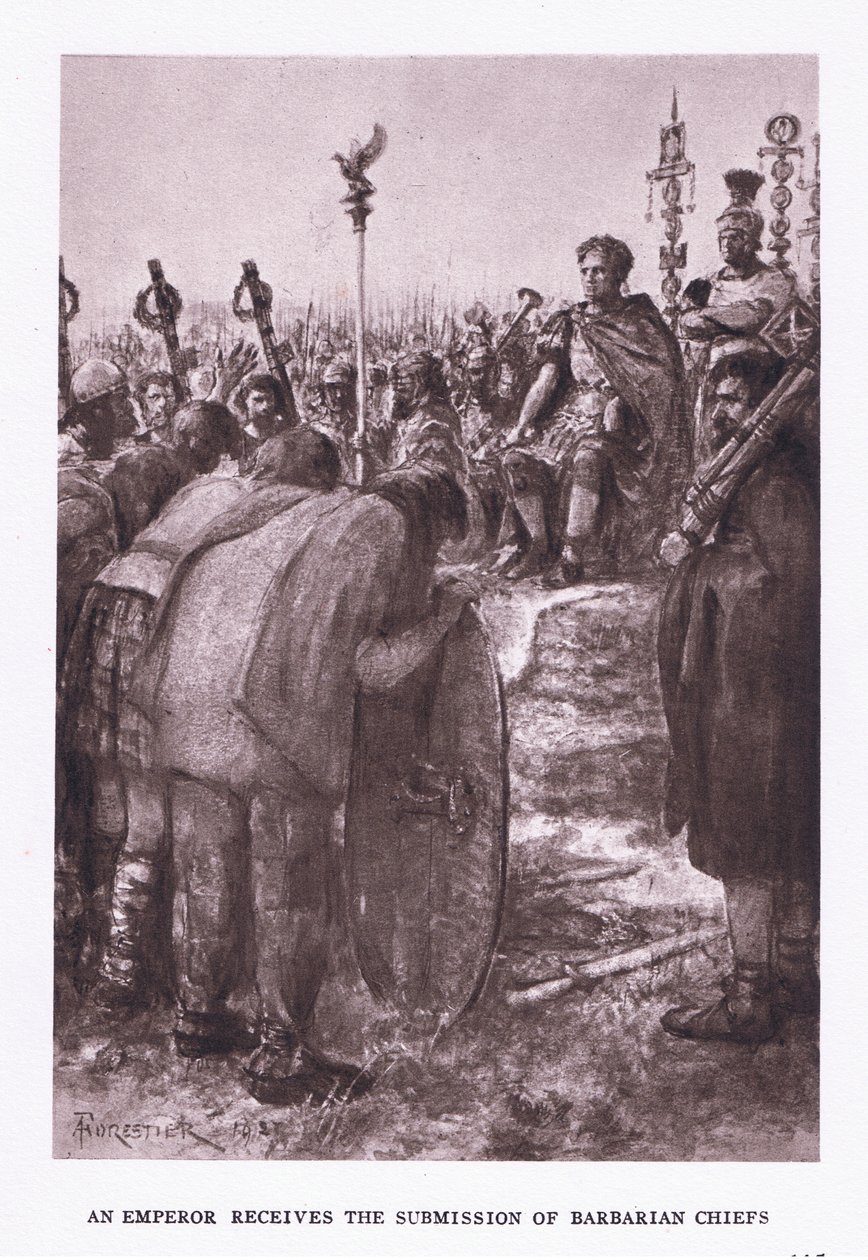 Kejsaren får underkastelse av barbarhövdingar, illustration från den romerske soldaten, 1928 av Amedee Forestier