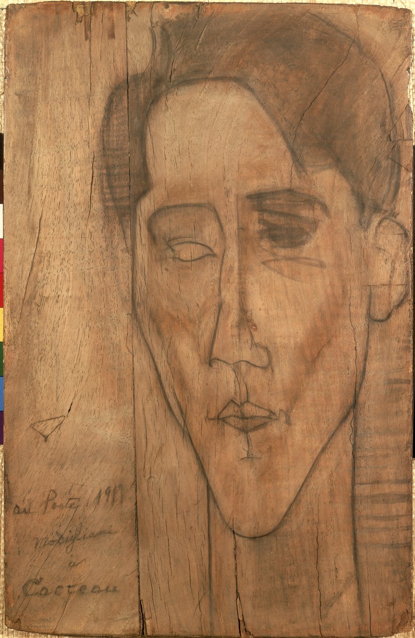 Porträtt av Jean Cocteau (1889-1963) 1917 (penna på panel) av Amedeo Modigliani