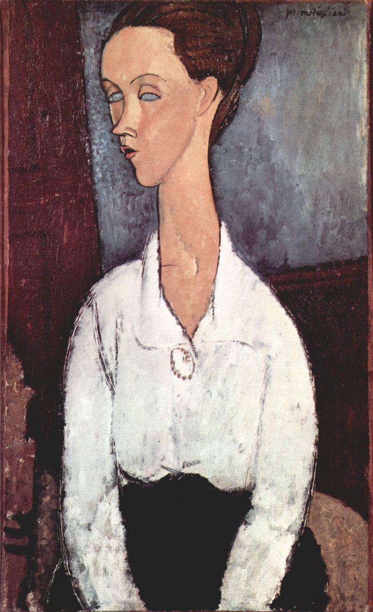 Porträt der Lunia Czechowska mit weißer Bluse av Amedeo Modigliani