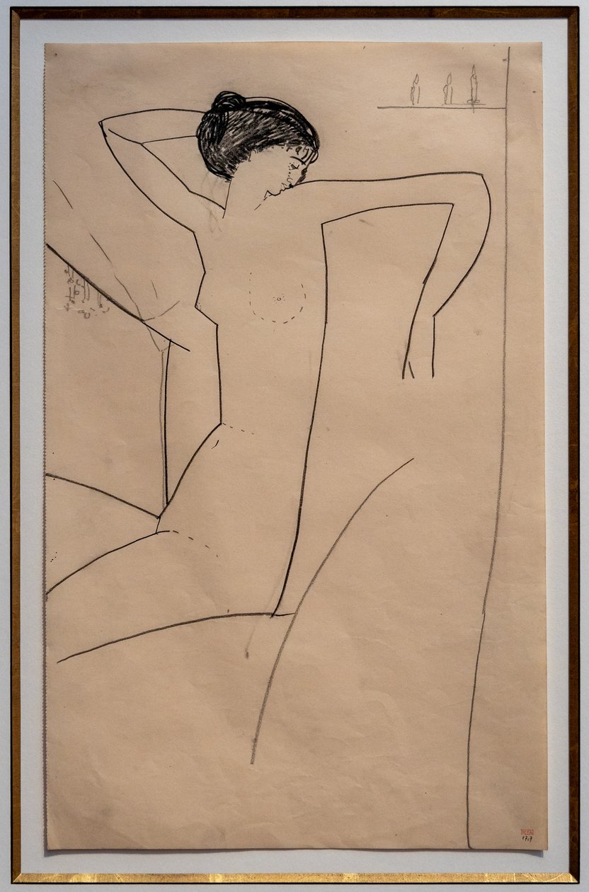 Anna Akhmatova, sittande naken, lutar huvudet mot sin vänstra axel av Amedeo Modigliani
