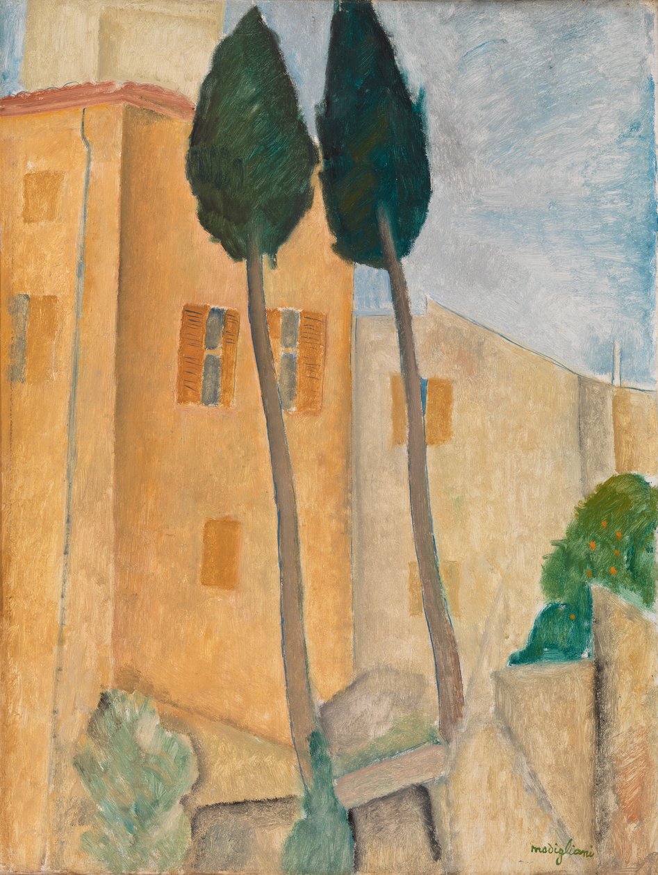 Cypresser och hus i Cagnes av Amedeo Modigliani