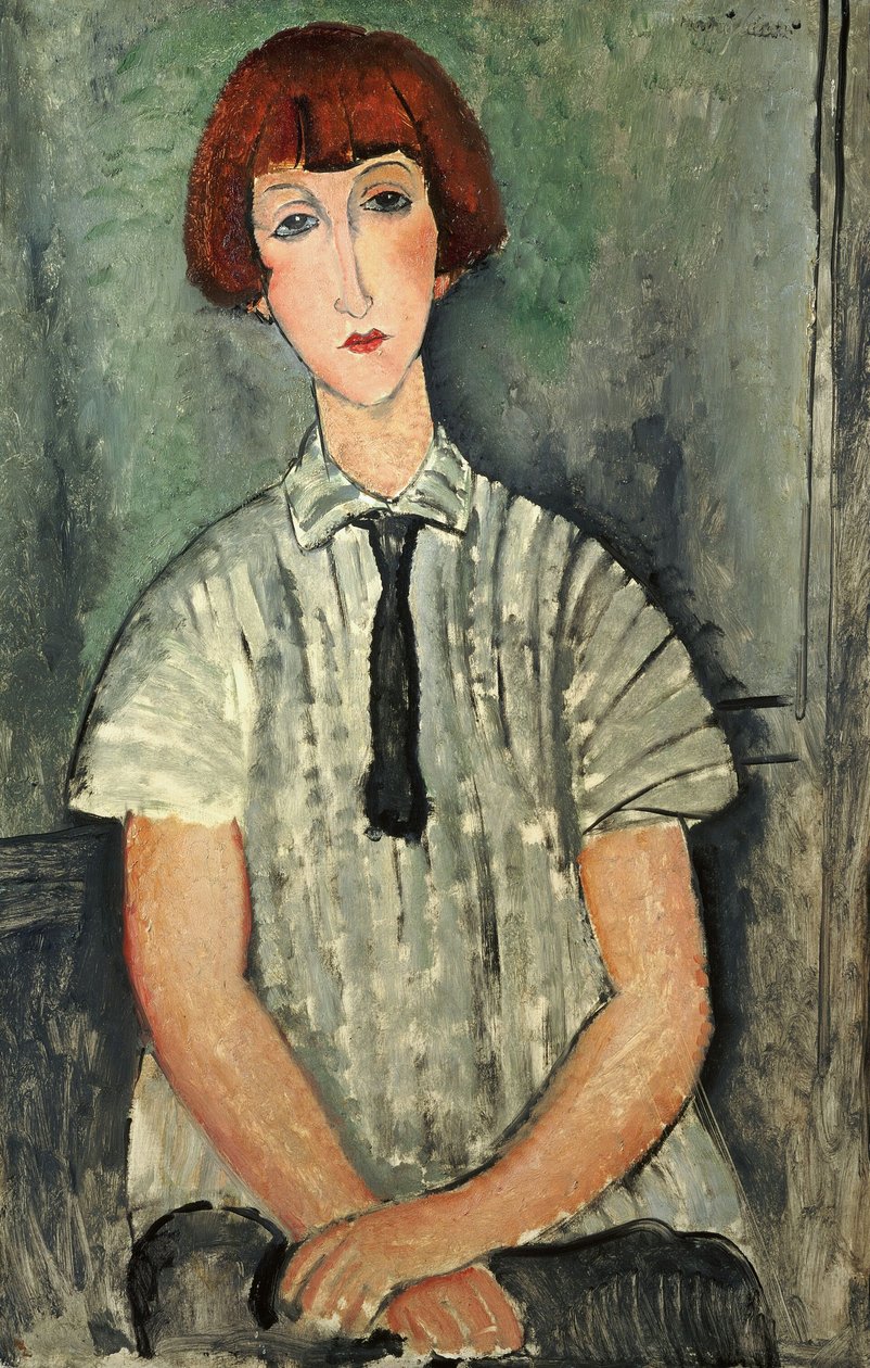 Franska:  Jeune Fille au corsage rayé Ung flicka med randig blus av Amedeo Modigliani
