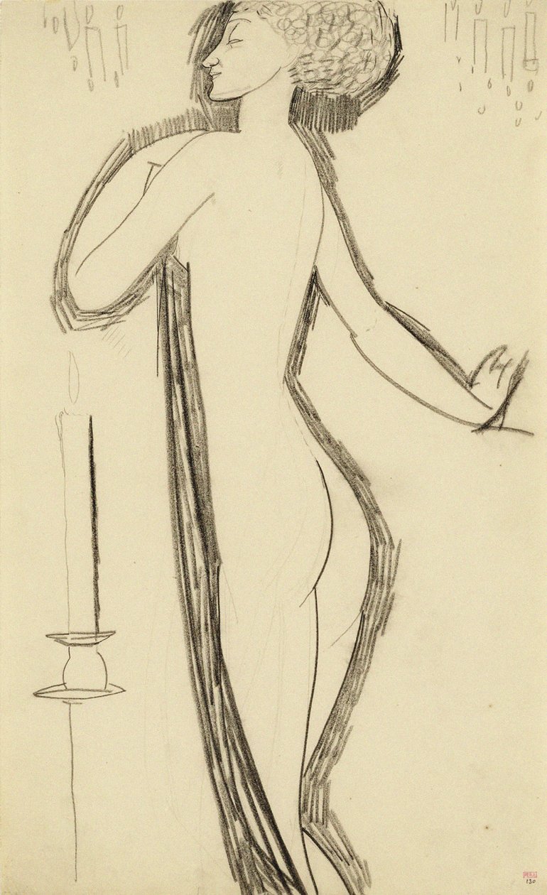 Stående kvinna naken i profil med tända ljus, ca. 1911 av Amedeo Modigliani