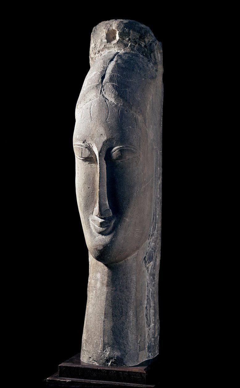Huvudet av en kvinna. Kvinnans huvud. Skulptur av Amedeo Modigliani (1884-1920) av Amedeo Modigliani