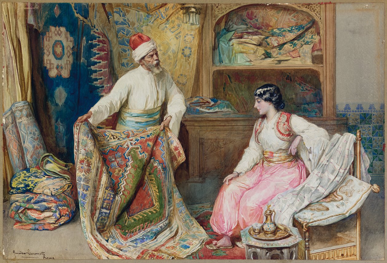 The Carpet Merchant (penna, w/c & gouache på papper) av Amedeo Momo Simonetti