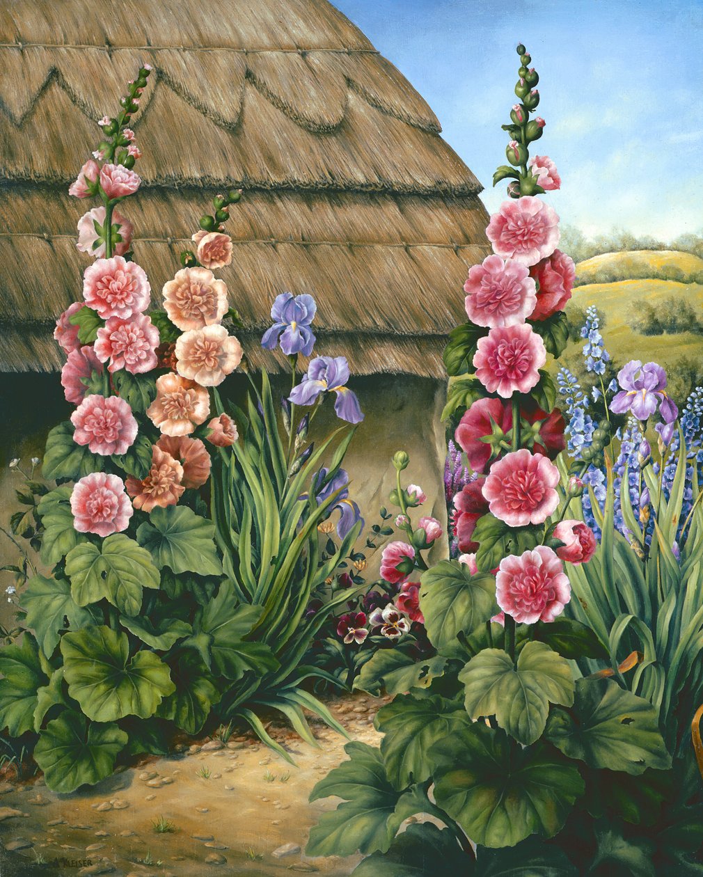 Stugaträdgård med stockrosor, 1995 av Amelia Kleiser