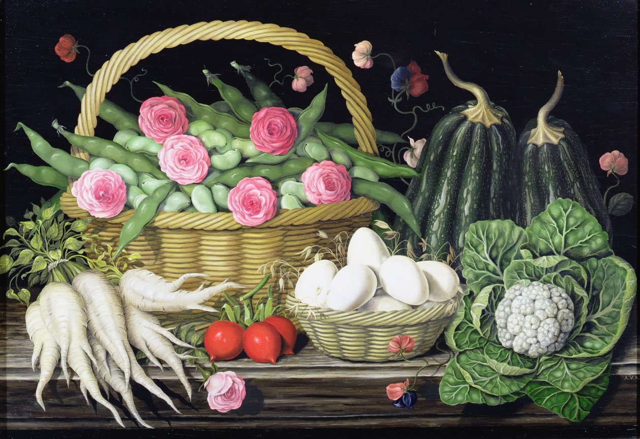 Ägg, bondbönor och rosor i korg, 1995 av Amelia Kleiser