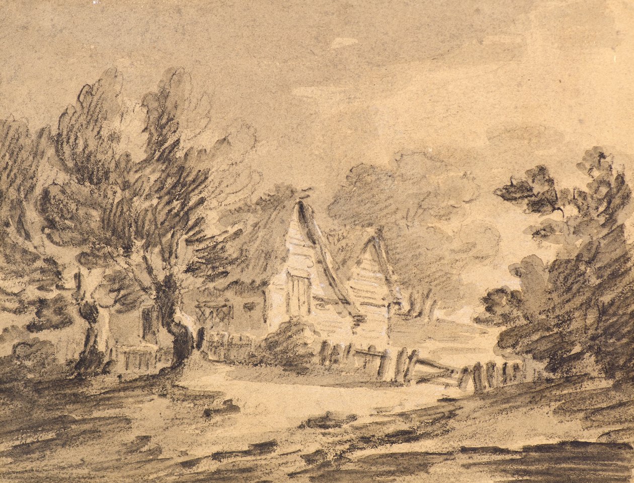 Stuga i ett landskap, ca 1805 (krita, kol och tvätt) av Amelia Long