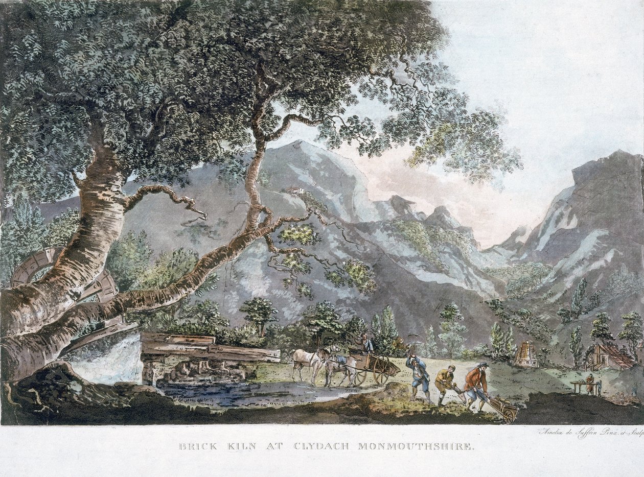 Tegelugnen i Clydach, Monmouthshire, 1795 (färgad akvatint) av Amelia de Suffren