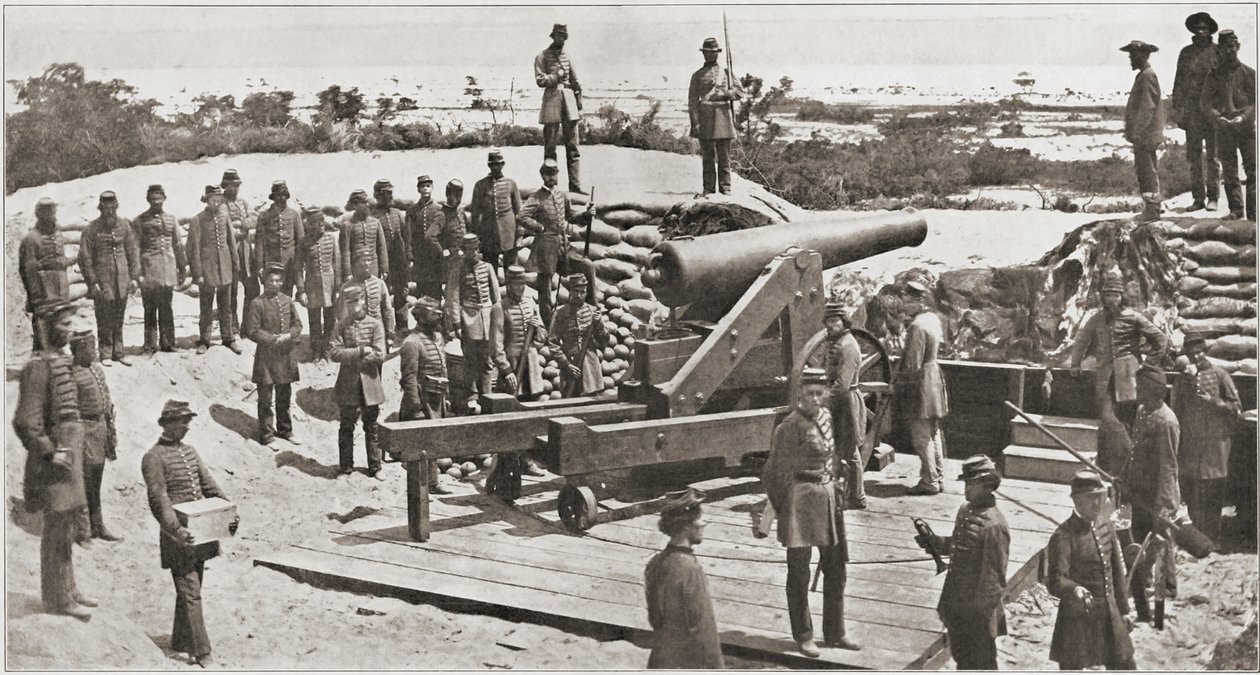 Konfedererade 32-punds kanon- och milisskyttar med utsikt över ingången till Pensacola Bay, Florida, före det amerikanska inbördeskriget, mars 1861 av American Photographer