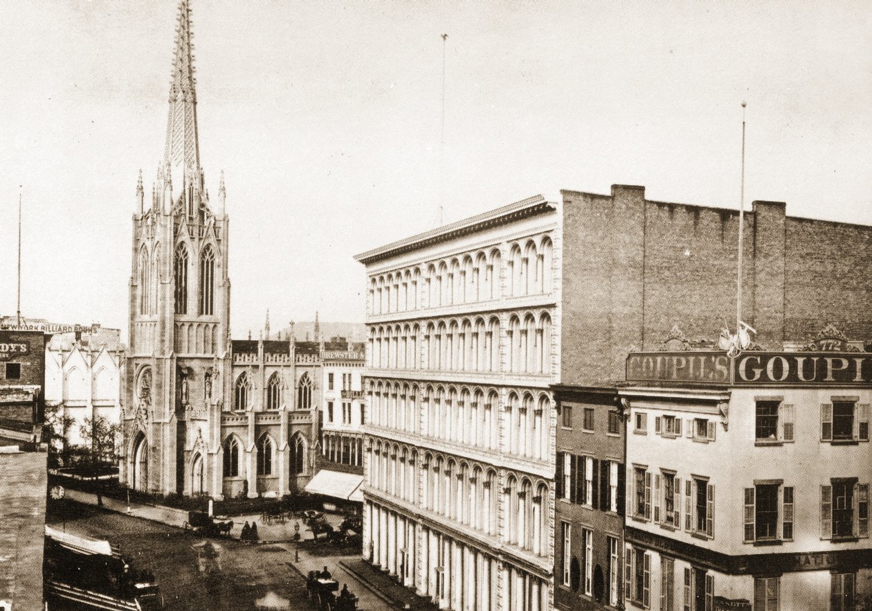 Grace Church och den gamla A. T. Stewart-butiken på Broadway på 10th St., New York City, 1868 av American Photographer