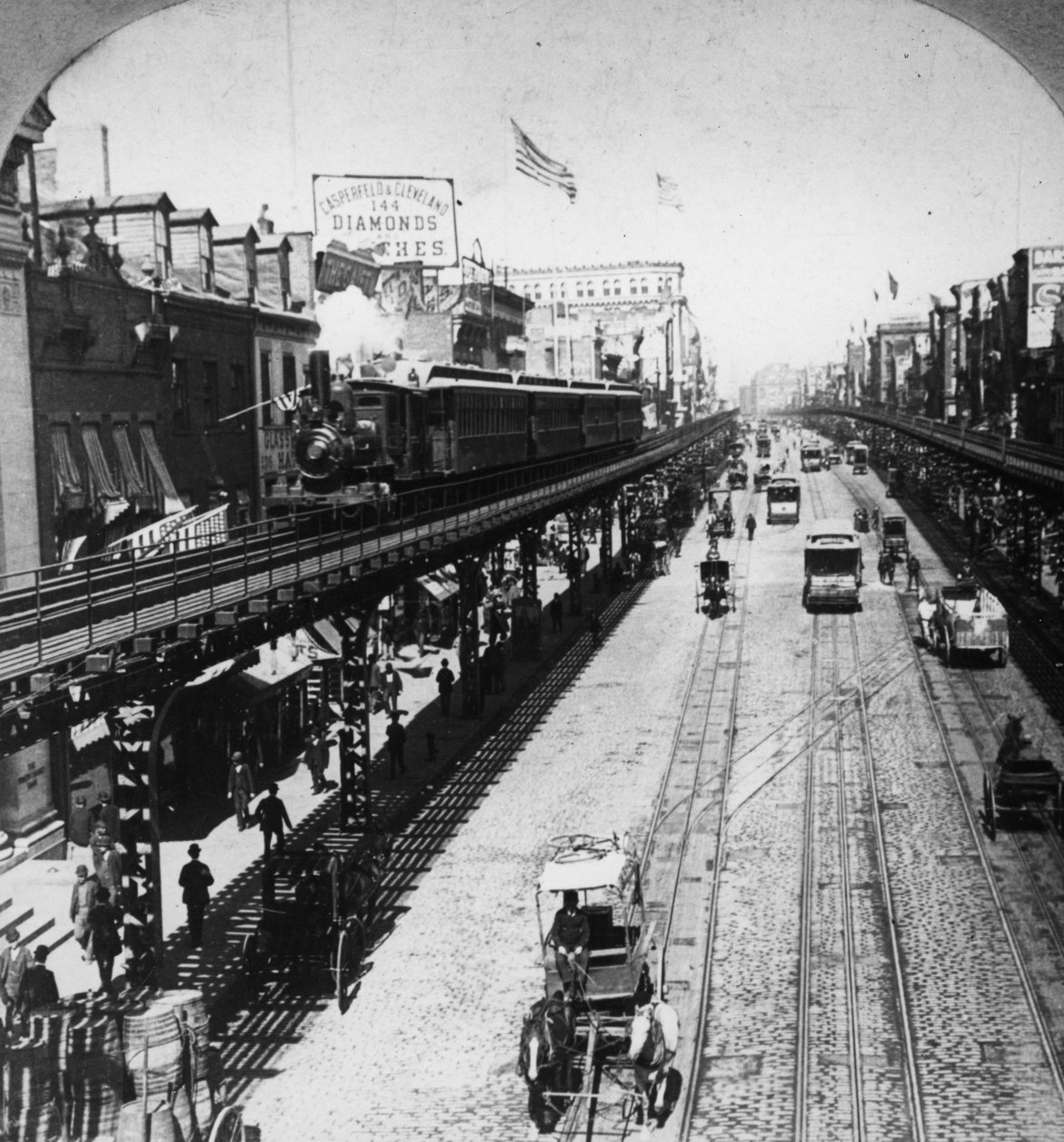 IRT Third Avenue Line längs The Bowery, New York, ca 1897 av American Photographer
