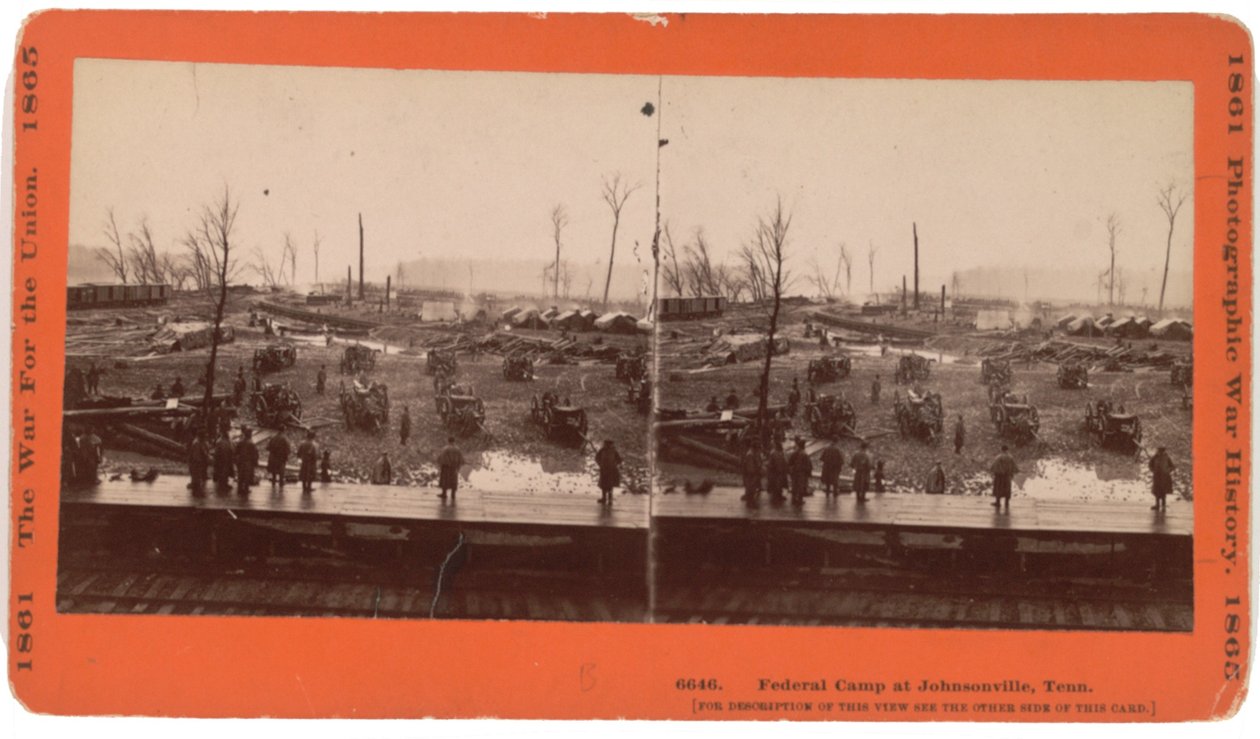Stereokortvy av Johnsonville, TN före evakuering när den hotades av Forrest, december 1864, publicerad av Taylor und Huntington, Hatford, Conn, ca 1880 (sepiafoto) av American Photographer