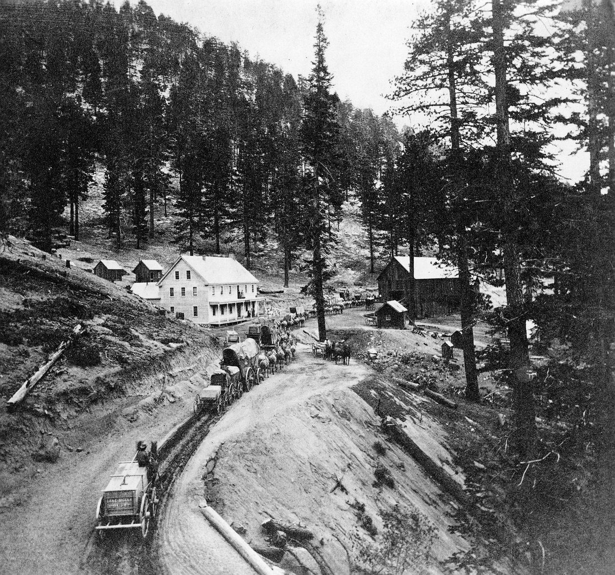 Swifts Station, Carson och Lake Bigler Road, Kalifornien, från Gems of California Scenery publicerad av Lawrence och Houseworth, 1866 av American Photographer