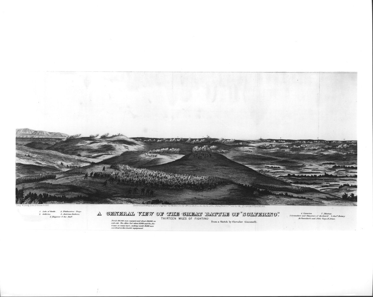 En allmän beskåda av det stora slaget vid Solferino, 24 juni 1859, från en skiss av Chevalier Giacomelli, pub. av Lang und Laing, c.1859 av American School