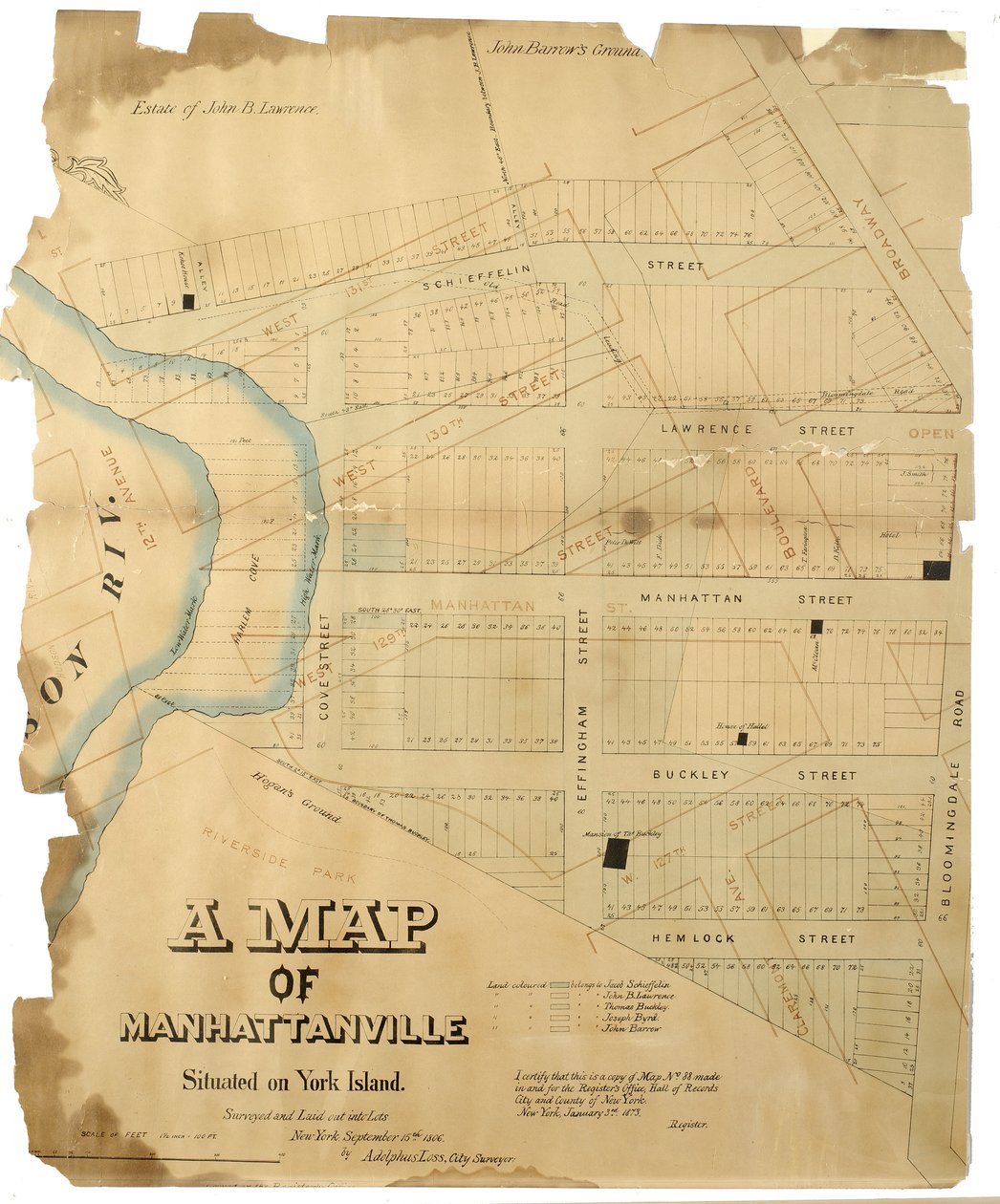 En karta över Manhattanville belägen på York Islands undersökt och upplagd i partier av Adolphus Loss, 1806 (Penna-och-bläck (svart och färg), akvarell på papper; monterad på tyg) av American School