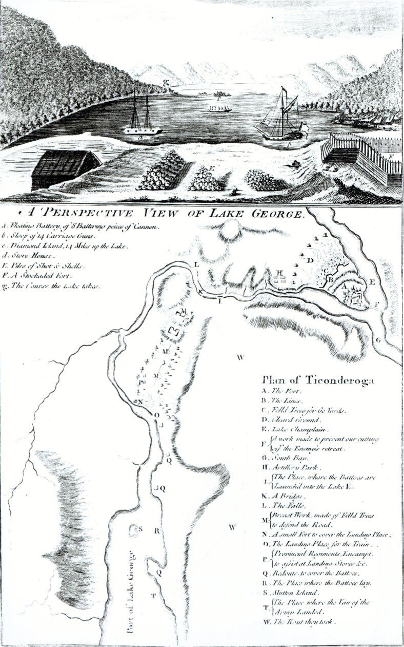 En perspektivvy över Lake George och en plan över Ticonderoga av American School
