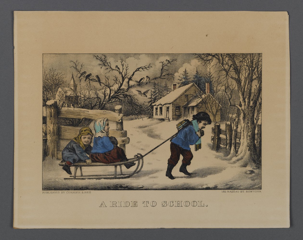 A Ride to School, publicerad av Currier & Ives, New York (handfärgad litho) av American School