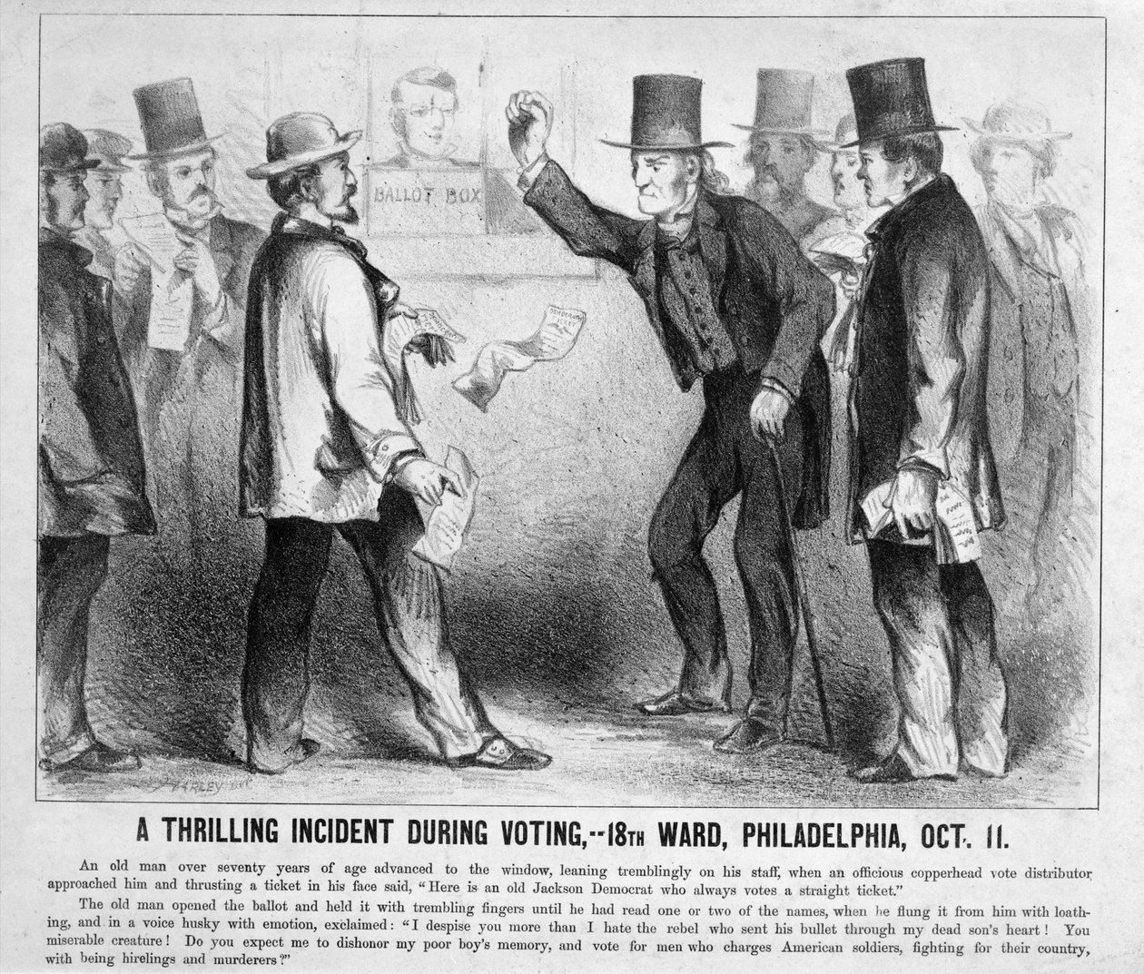 En spännande incident under omröstningen, Philadelphia, ca 1863 av American School