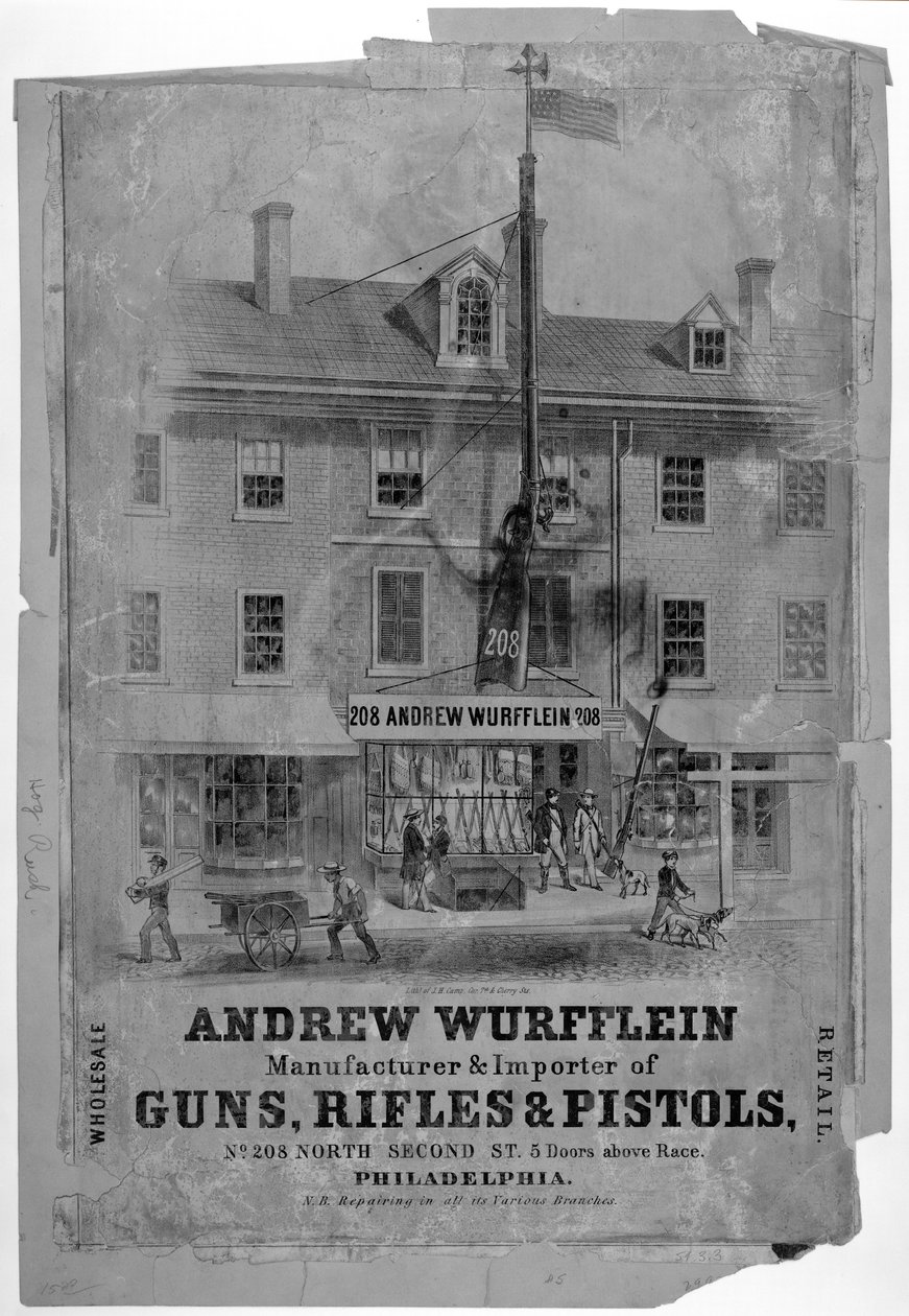 Reklam, Andrew Wurfflin. Gun Maker, Philadelphia, ca 1850 av American School
