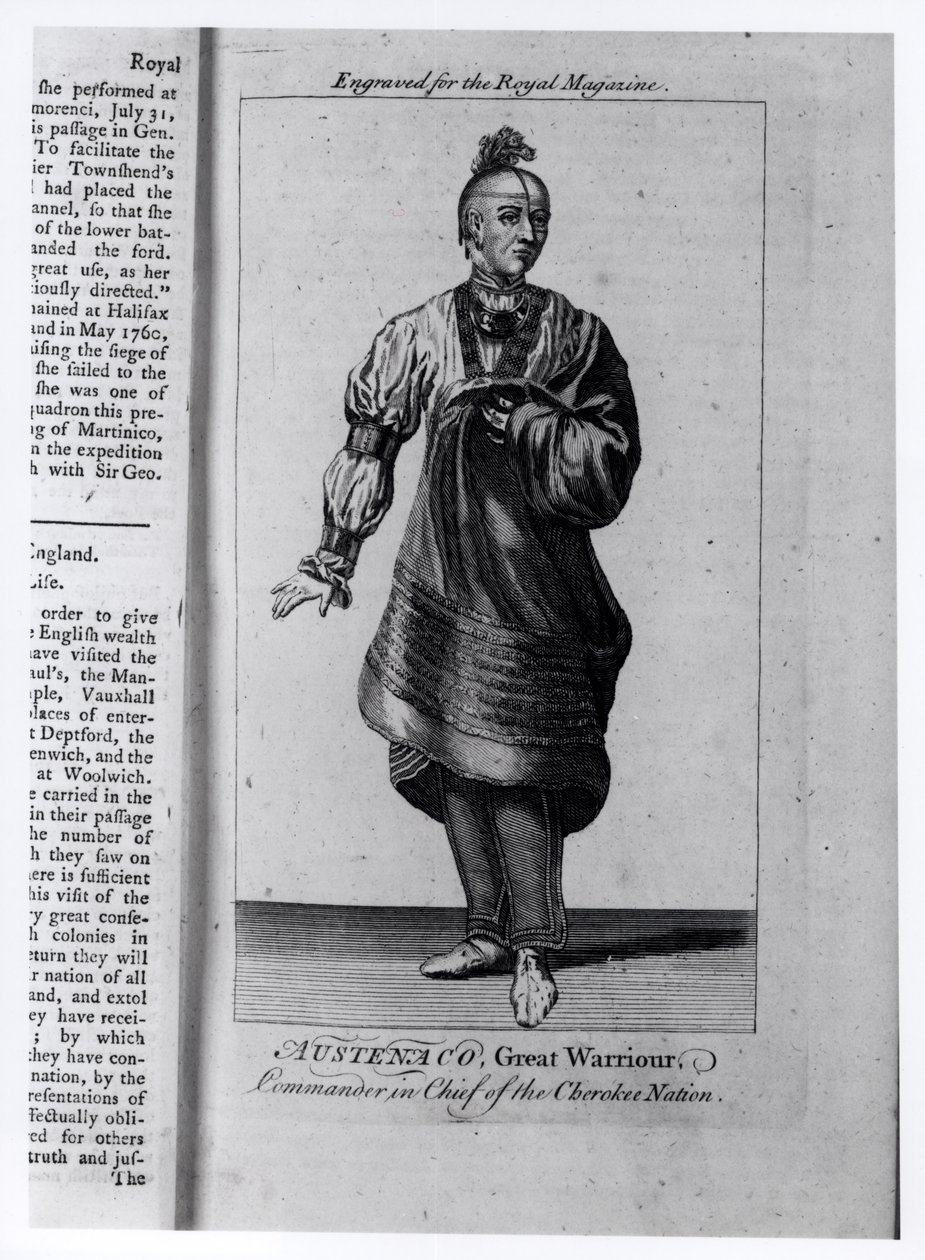 Austenaco, stor krigare, överbefälhavare för Cherokee-nationen, illustration från "The Royal Magazine", juli 1762. av American School