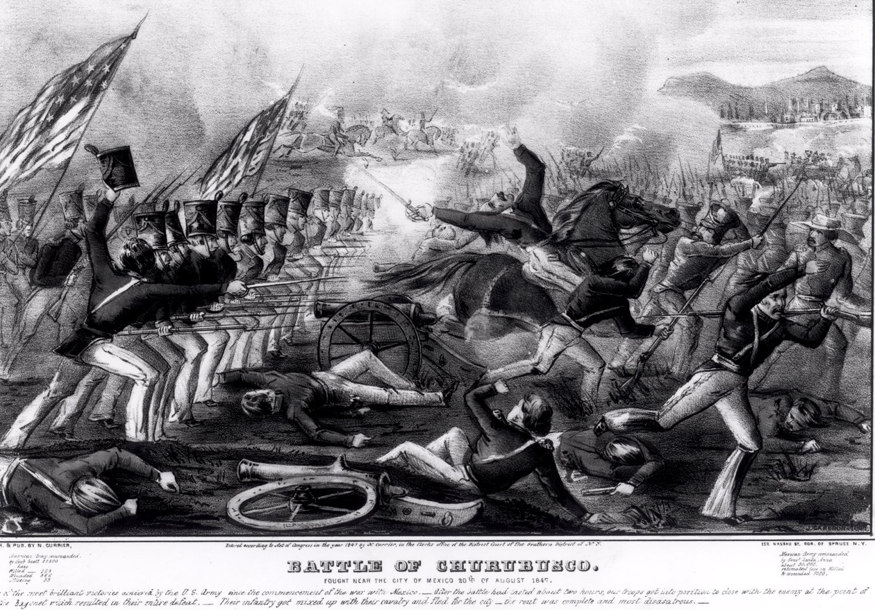Slaget vid Churubusco, utkämpat nära staden Mexiko, 20 augusti 1847, graverat och publicerat av Nathanial Currier (1813-88) 1847 av American School