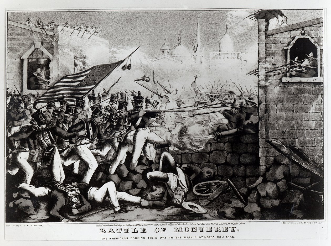 Battle of Monterey: The Americans Forcing their Way to the Main Plaza, 23 september 1846, graverad och publicerad av Nathanial Currier (1813-88), 1846 av American School