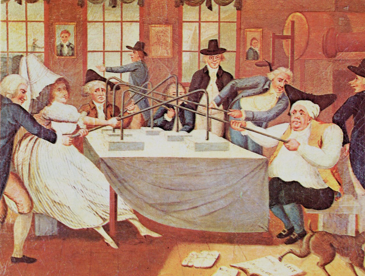 Benjamin Franklins experiment med elektricitet (förvandlat till ett sällskapsspel från 1700-talet). av American School