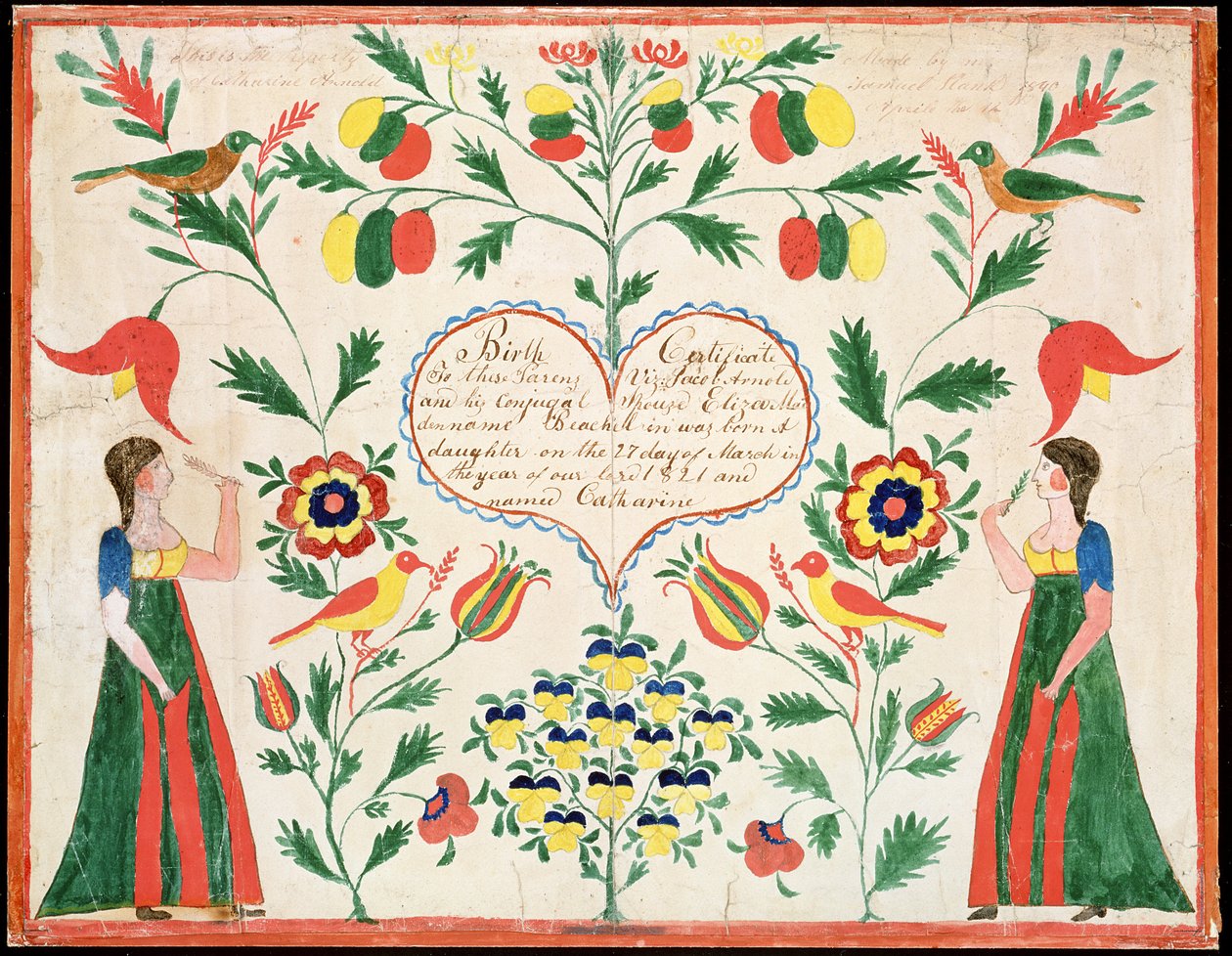 Födelseattest, 1821 (penna & bläck och wc på papper) av American School
