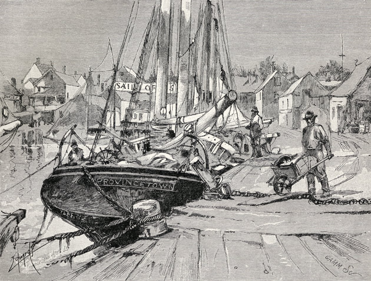 Central Wharf, Provincetown, Cape Cod, från "The Century Illustrated Monthly Magazine", maj till oktober 1883. av American School