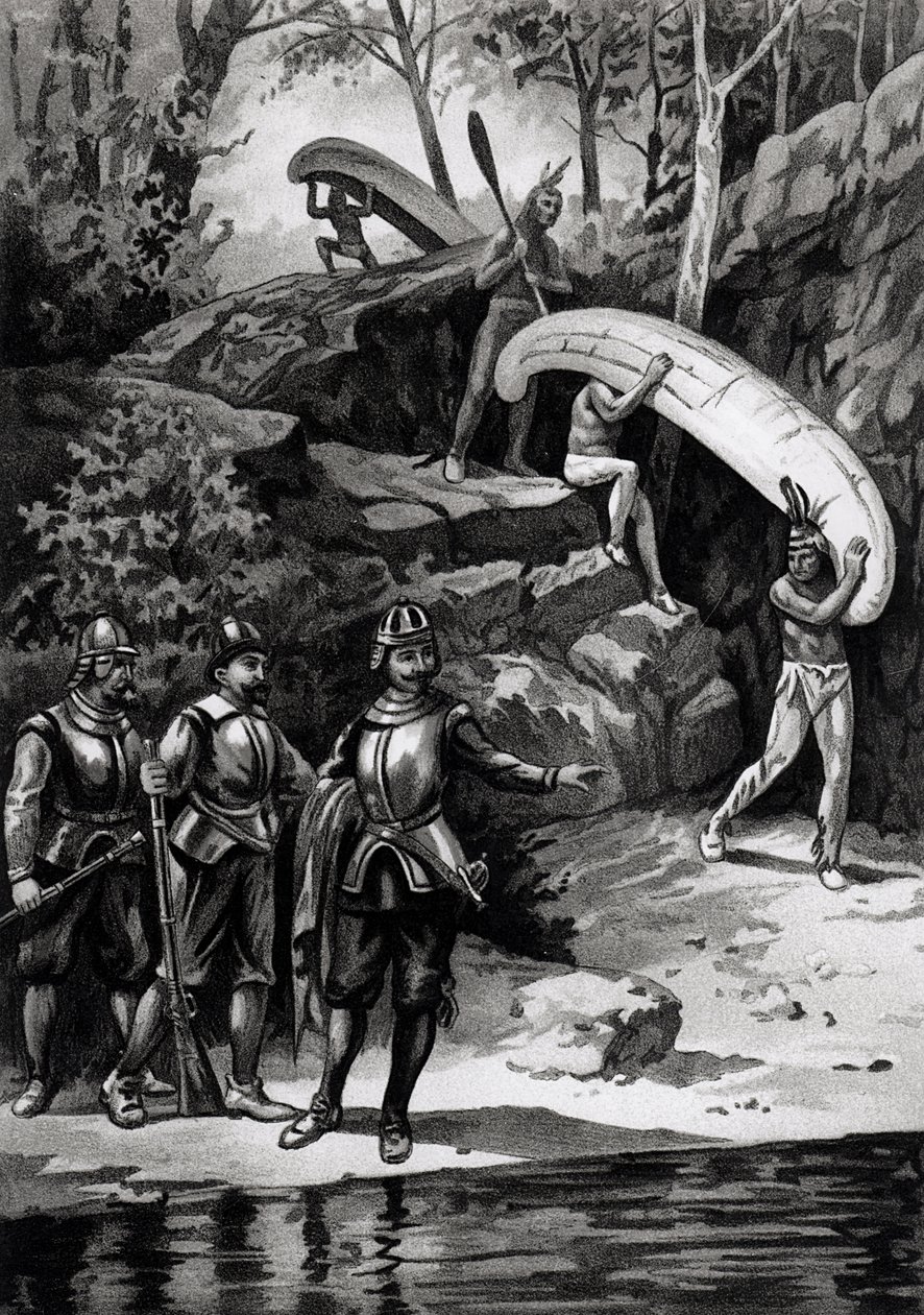 Champlain Exploring the Canadian Wilderness, 1603, från "The American Continent and its Inhabitants before its Discovery by Columbus", av Anne C. Cady, 1893 av American School