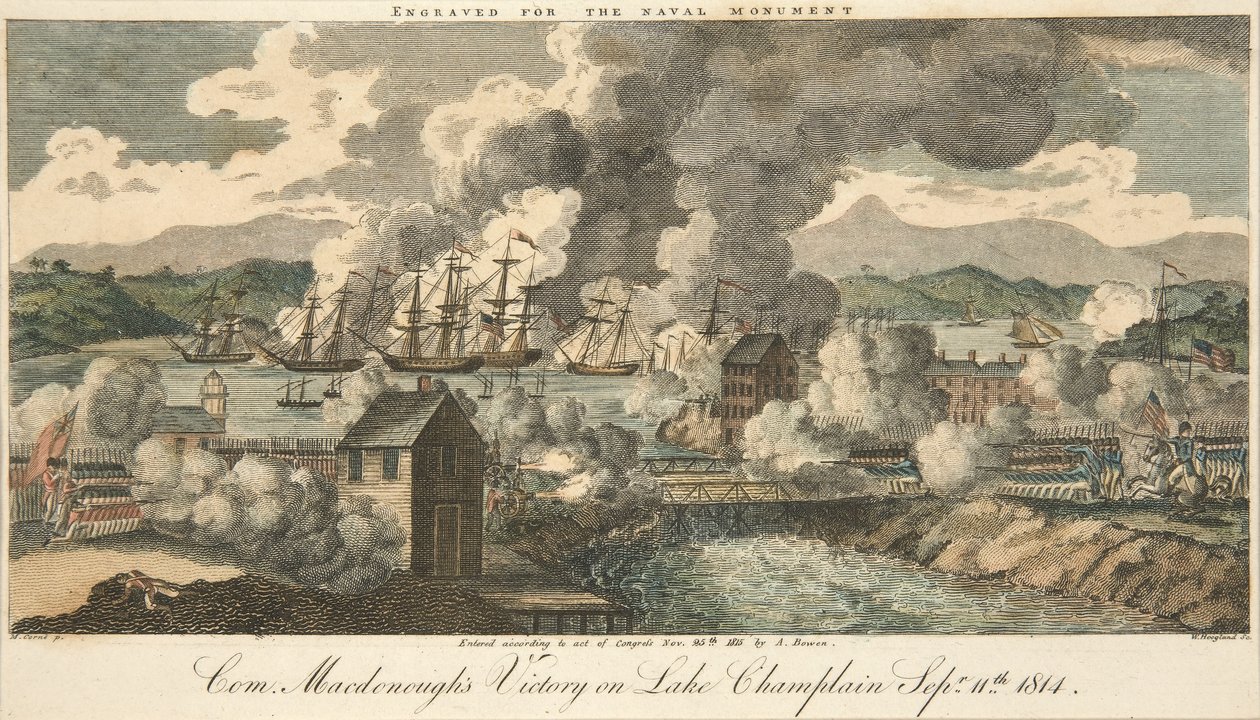 Com. Macdonoughs seger vid Champlainsjön 11 september 1814, pub. 1815 (handfärgad gravyr) av American School