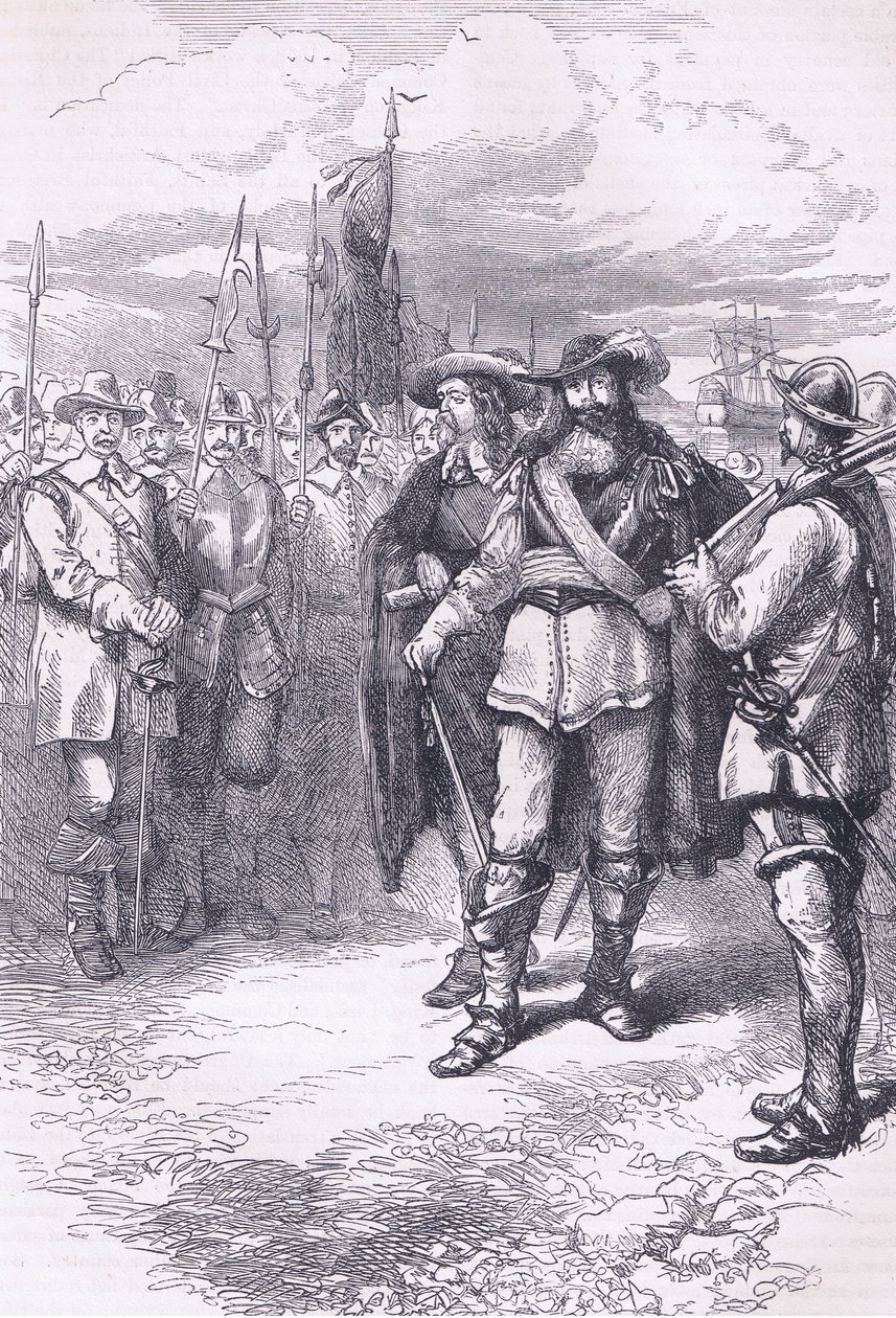 Kommissionärer som landar i Boston 1665, illustration från Cassells History of the United States pub. av Petter & Galpin c.1890 av American School