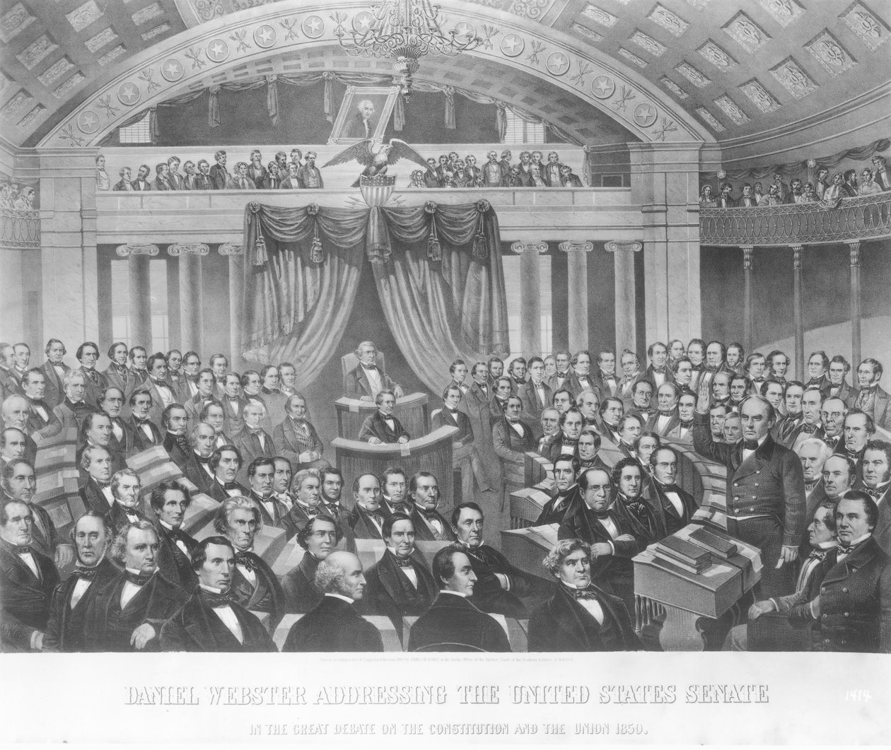 Daniel Webster talar till USA:s senat i den stora debatten om konstitutionen och unionen 1850, 1860 av American School