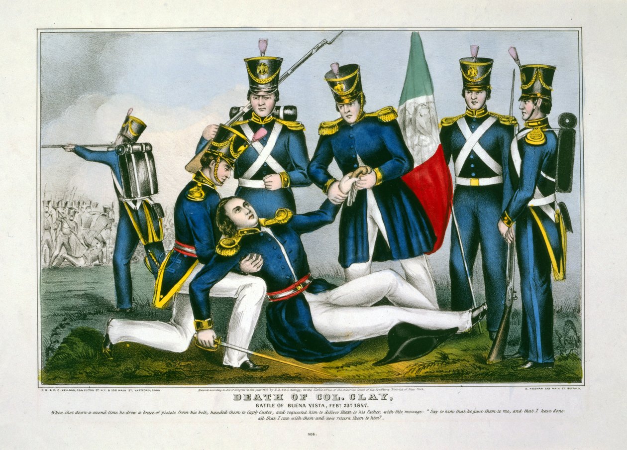 Överste Clays död, slaget vid Buena Vista, Feby. 23d, 1847, pub. 1847 (handfärgad gravyr) av American School