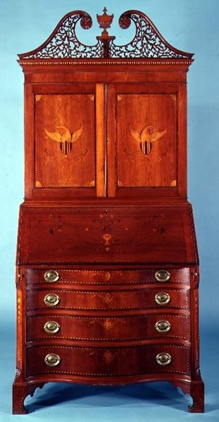 Skrivbord och bokhylla, körsbärsträ inlagt med mahogny och ljusa och mörka träslag, Connecticut eller Rhode Island, 1790-1810 (körsbärsträ inlagt med mahogny) av American School