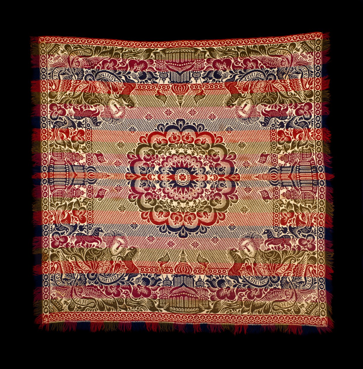 Double-Weave Coverlet, producerat av Lancaster Carpet, Coverlet, Quilt and Yarn Manufacturing, 1869 (bomull och ull) av American School