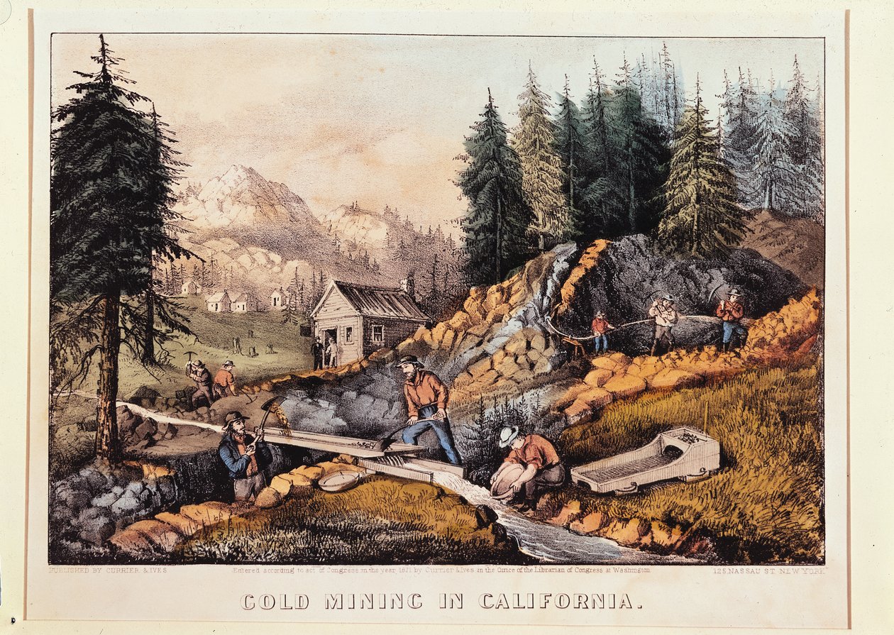 Gold Mining in California, publicerad av Currier und Ives, 1871 (se även 148180 och 32910) av American School