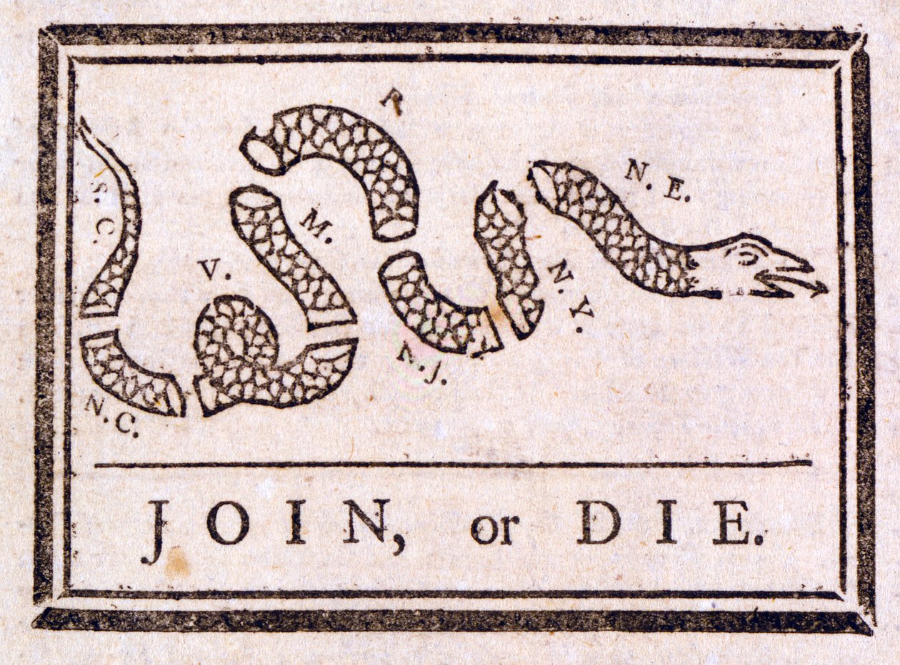 Gå med eller dö, uppmaning av Benjamin Franklin, 1754 av American School