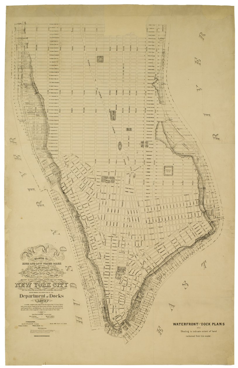 Karta som visar hög- och lågvattenmärket och de ursprungliga stadsstöden av mark under vatten som gjordes till olika parter från 1686 till 1873, som sträcker sig från Battery till Fifty-first Street, Judson och East Rivers av American School