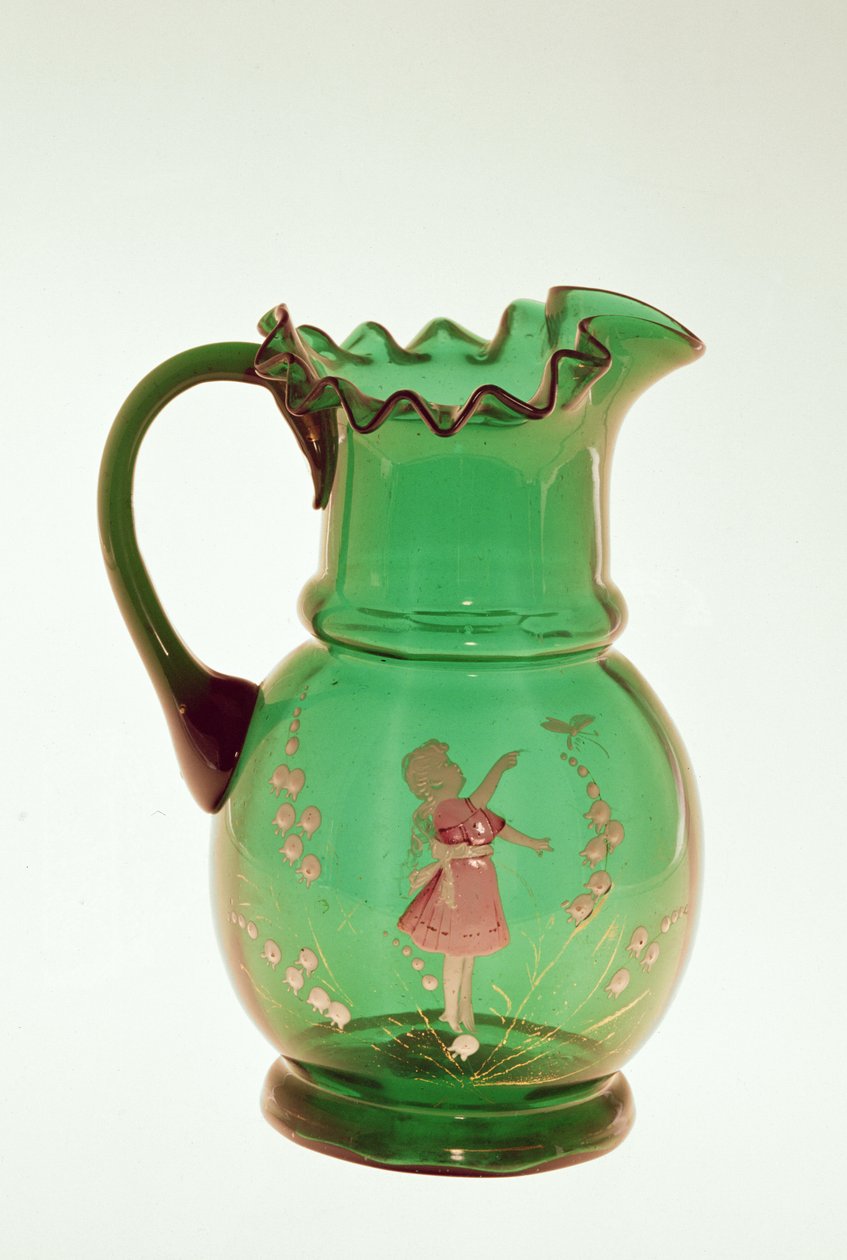 Mary Gregory grön kanna med bränd emaljmålning av barn, möjligen bohemiskt, sent 1800-tal (glas) av American School