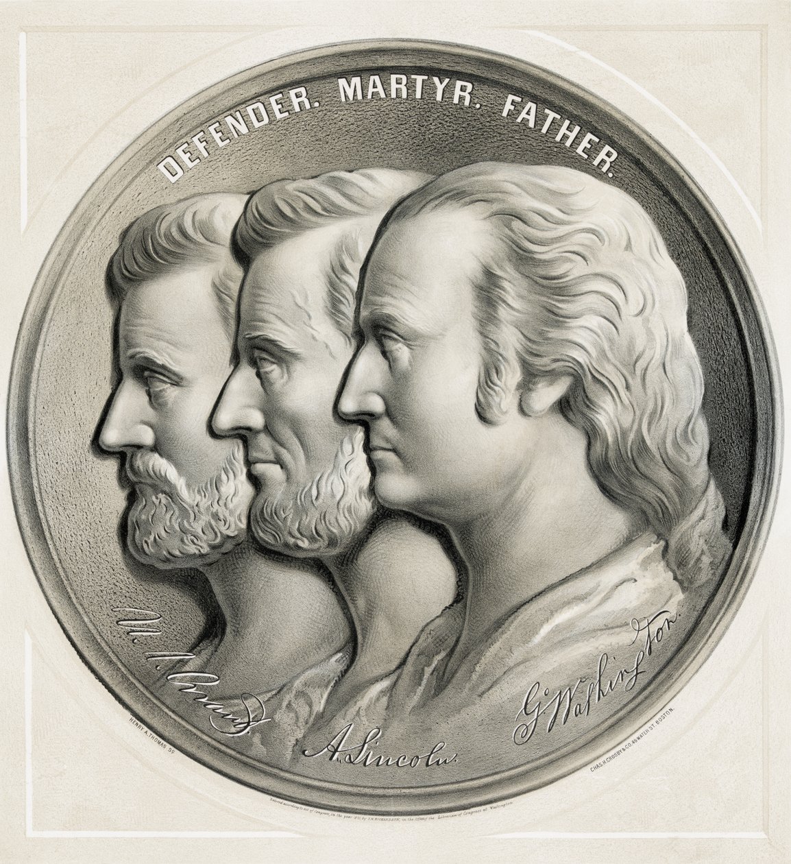 Medaljong som visar Ulysses S. Grant, Abraham Lincoln och George Washington som försvarare, martyr och far, 1870 av American School