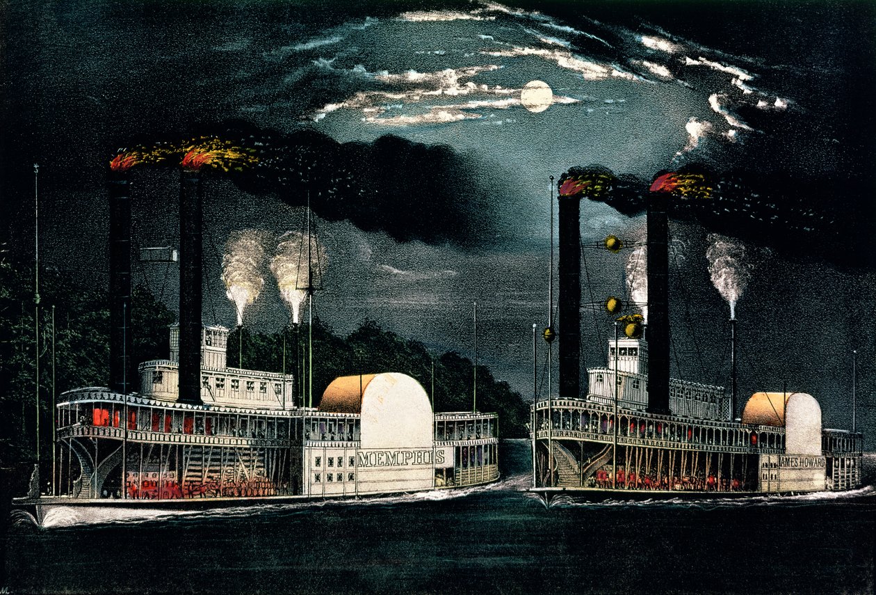Midnight Race on the Mississippi, publicerad av Currier och Ives av American School