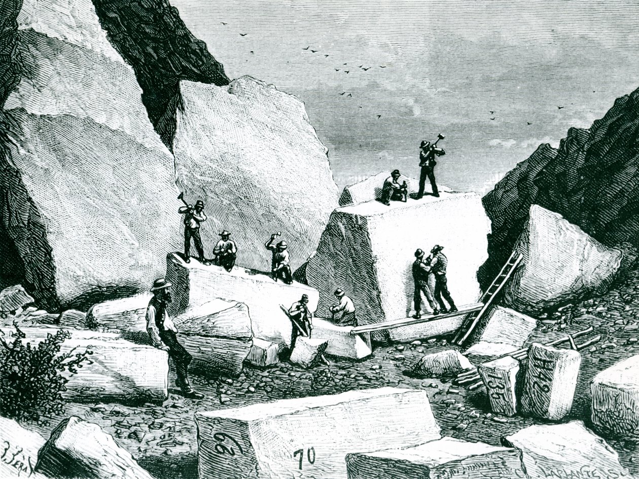 Mormoner som bryter granit till tabernaklet, tecknade av J. Ferat och graverade av C. Laplante av American School