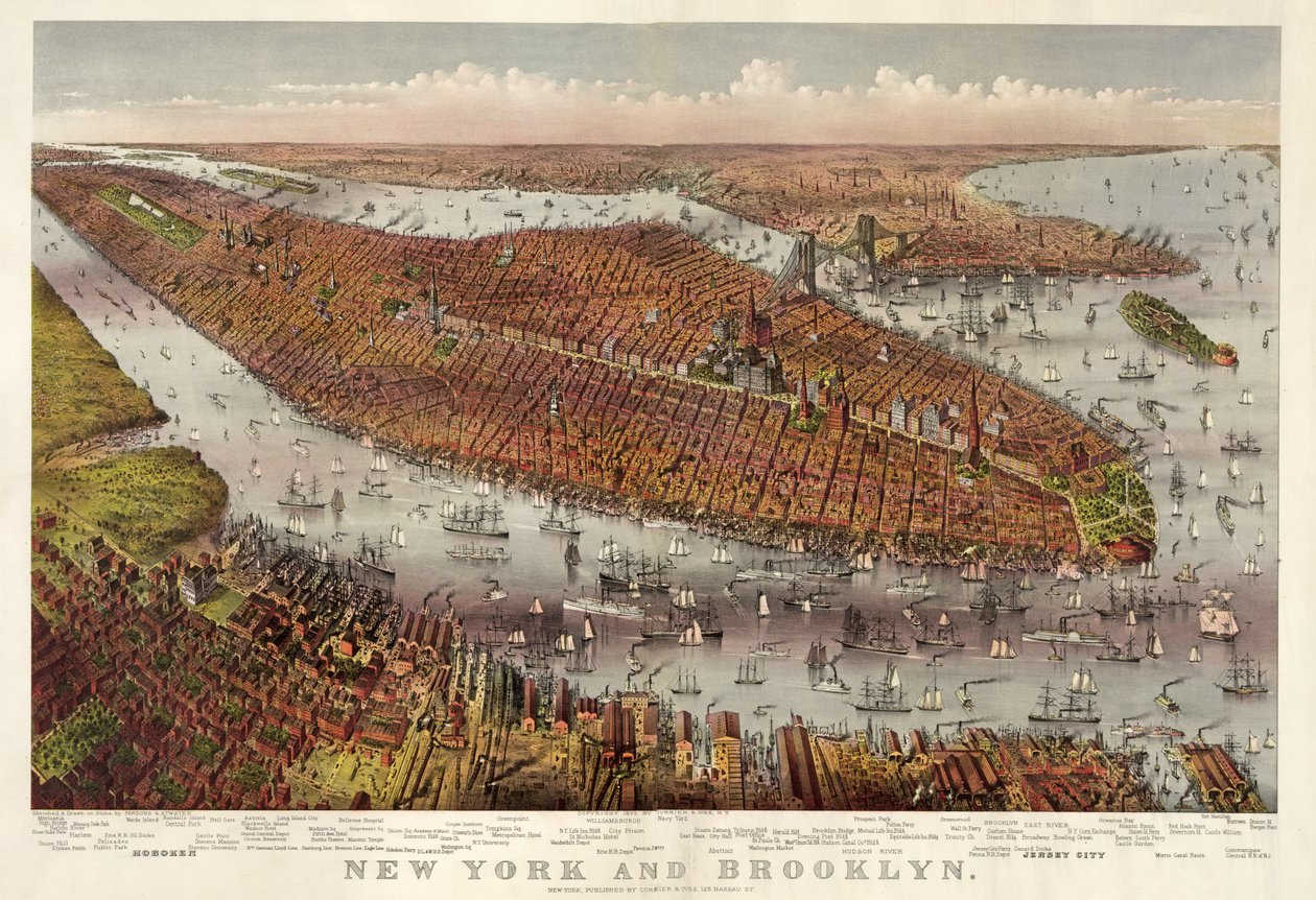 New York och Brooklyn, pub. 1875 (färglitografi) av American School