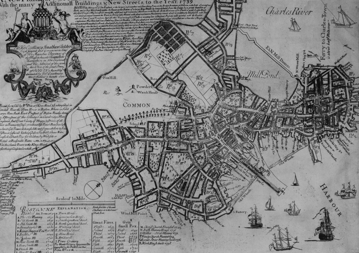 Plan av Boston, New England, 1739 av American School